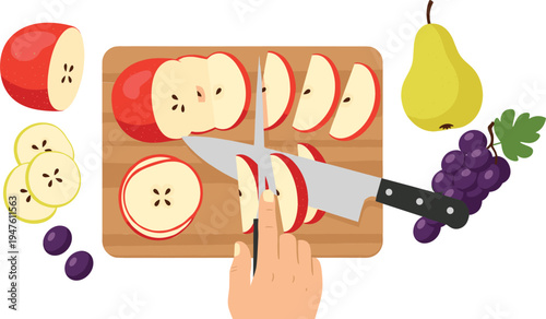 Sliced apples, grapes, and a pear on a wooden cutting board with a knife and hand in the process of cutting.