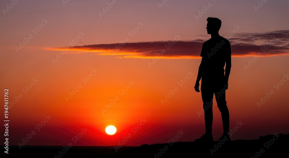 Fototapeta premium Silhouette of a man contemplating life at sunset.
