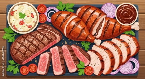 A variety of grilled meats and vegetables on a wooden table with sauce