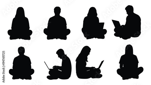 Seven black silhouettes of people sitting on the floor with laptops