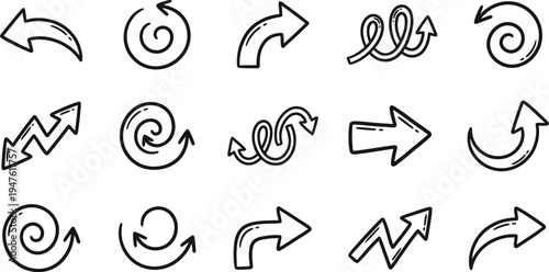 Collection of hand drawn arrow icons in various styles and directions