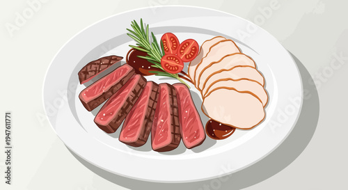 A plate of sliced steak and meat with herbs and sauce on a table indoors