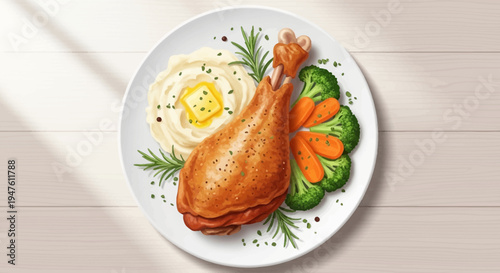 A delicious roasted chicken leg served with mashed potatoes and steamed vegetables on a plate indoors.