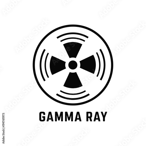 A stark black and white image presents a circular hazard symbol resembling a radiating gamma ray with text below high quality professional detailed modern elegant stylish