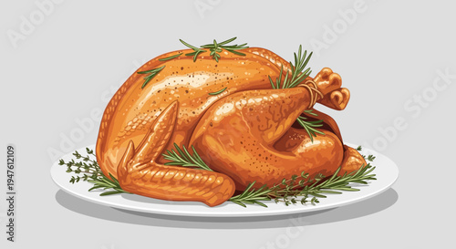 Roasted turkey on a plate with herbs, served as holiday food indoors.
