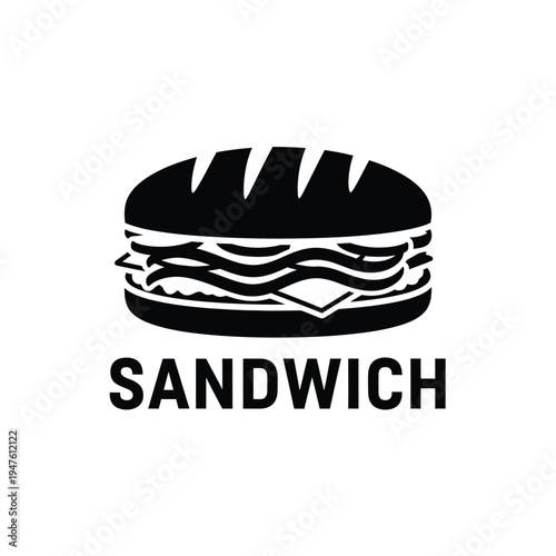 A simple black and white illustration depicts a classic sandwich complete with layered fillings and a bun alongside the word sandwich high quality professional detailed modern