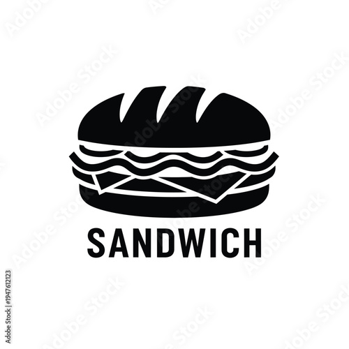 A minimalist black and white illustration depicts a classic sandwich with visible layers accompanied by the word sandwich below high quality professional detailed modern elegant stylish