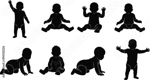 Collection of baby silhouettes in various poses on white background infant child