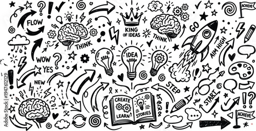 Inspirational doodle collage with educational and creative symbols