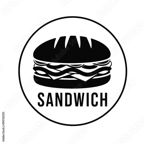 A minimalist black and white circular design features a detailed sandwich illustration accompanied by the word sandwich below it high quality professional modern elegant stylish clean