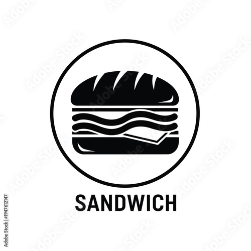 A minimalist black and white circular graphic depicts a stacked sandwich with visible layers accompanied by the word sandwich below high quality professional detailed modern elegant