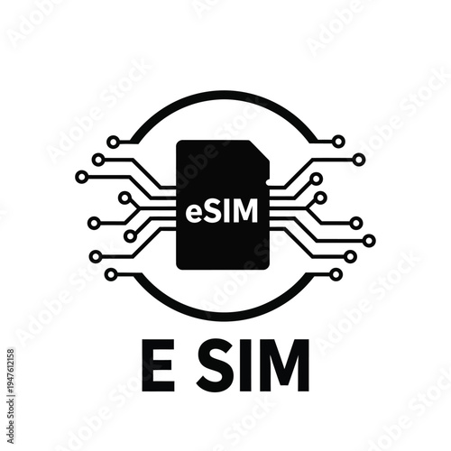 A minimalist black and white graphic depicts an esim card integrated within a circular circuit board design labeled esim and e sim high quality professional detailed