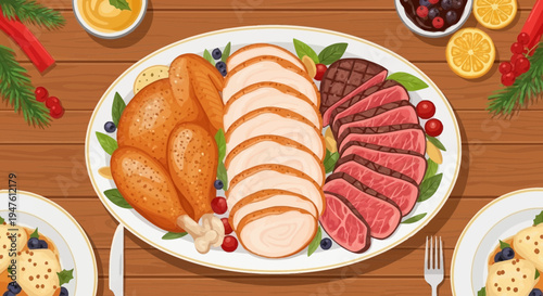 A festive holiday table setting with roasted turkey ham and steak