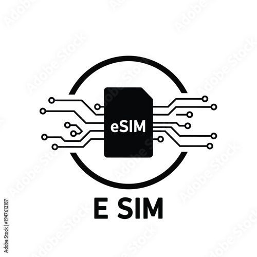 A stylized graphic depicts an esim card integrated with a circular circuit board design illustrating modern connectivity technology high quality professional detailed elegant stylish