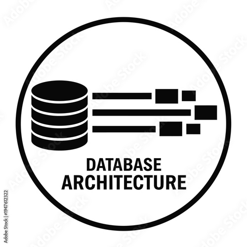 A minimalist black and white icon depicts a database architecture concept featuring a cylinder and blocks with the word database below high quality professional detailed modern
