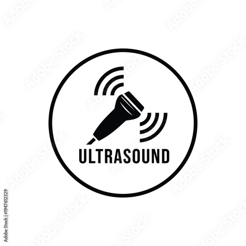A black and white circular icon depicts an ultrasound transducer emitting waves with the text ultrasound prominently displayed below high quality professional detailed modern