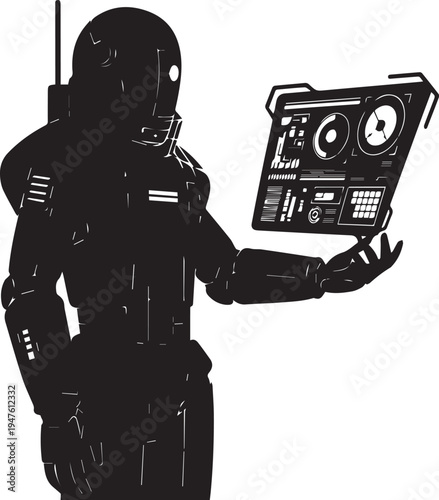 Futuristic robot holding tablet vector illustration silhouette line art