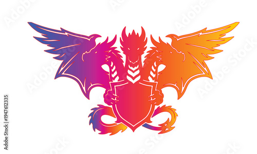 Three Headed Dragon Hydra Mascot Logo with Shield and Wings, Colorful Vector Art on White