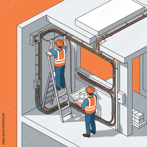 Electricians installing wiring in a building, using ladders and blueprints for guidance.