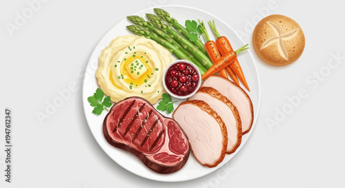 A plate of grilled steak and roasted vegetables with meat and sauce on a table indoors
