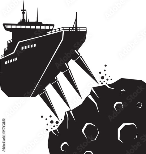 Giant ship with hooks mining minerals from asteroid vector silhouette illustration