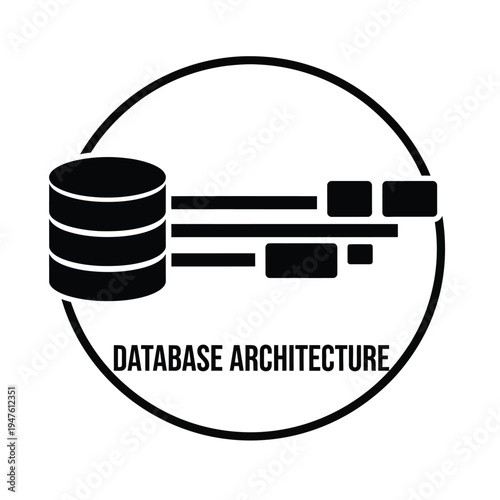 A minimalist black and white graphic depicts database architecture featuring a cylinder and rectangular blocks within a circular frame high quality professional detailed modern