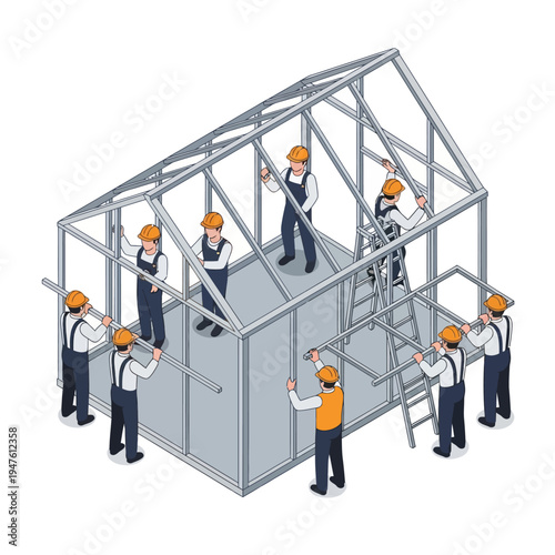 Isometric illustration of construction workers assembling a metal frame structure of a building.