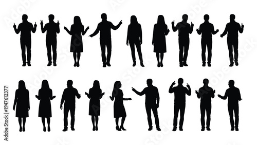 A group of people in various poses and outfits