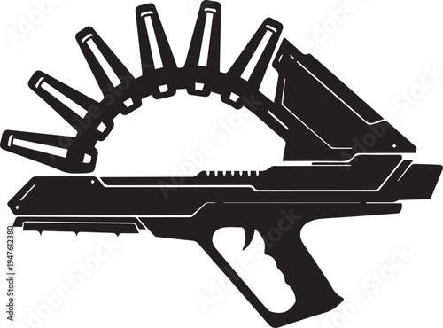 Futuristic energy blaster firearm with rotating magazine vector silhouette illustration