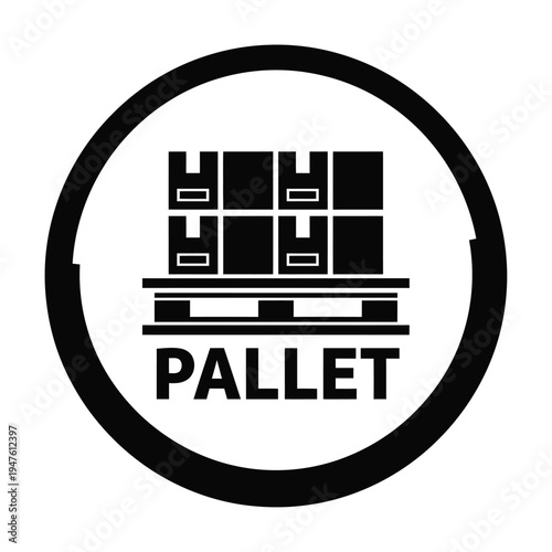 A black and white circular sign depicts a stacked pallet of boxes with the word pallet prominently displayed below it high quality professional detailed modern elegant