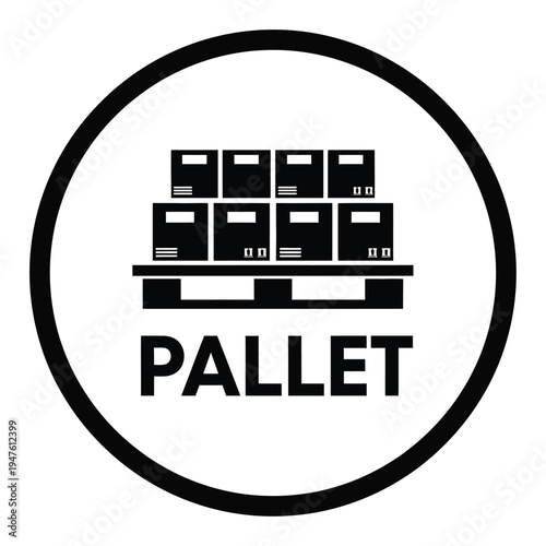 A black and white circular icon depicts stacked cardboard boxes centered on a wooden pallet labeled pallet below high quality professional detailed modern elegant stylish clean