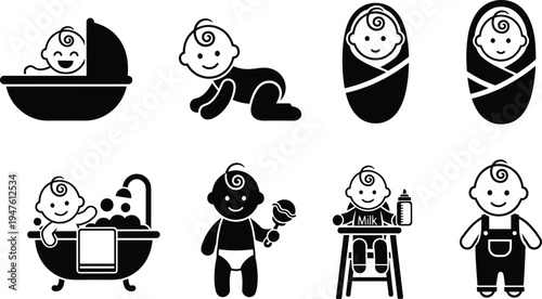 Collection of black and white icons representing baby activities and care silhouette child