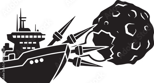 Mining spaceship asteroid extraction vector illustration silhouette line art