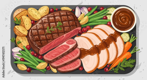 A mouthwatering platter of roasted beef and chicken with vegetables and sauce on a table indoors.