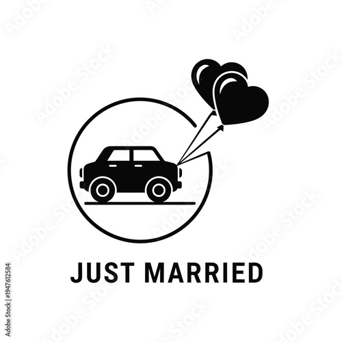 A minimalist black and white illustration depicts a car with heart shaped balloons celebrating a recent marriage high quality professional detailed modern elegant stylish clean