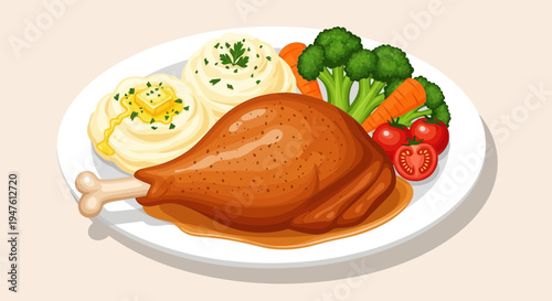 A plate of roasted chicken with mashed potatoes, steamed vegetables, and savory sauce is served on a white plate.