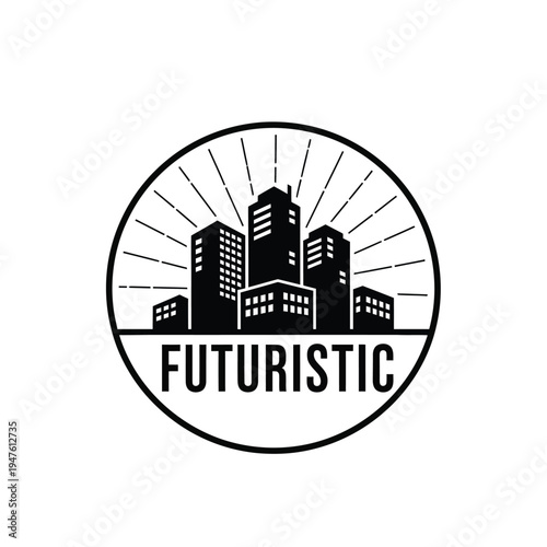A minimalist black and white logo features a skyline of futuristic buildings within a circular frame radiating lines and text high quality professional detailed