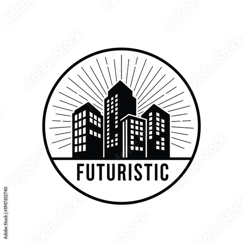 A black and white circular emblem showcases a stylized cityscape with tall buildings and the word futuristic below high quality professional detailed modern elegant