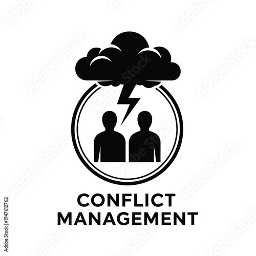 A stark black and white graphic depicts two silhouetted figures within a circular frame overshadowed by a stormy cloud with lightning high quality professional detailed modern