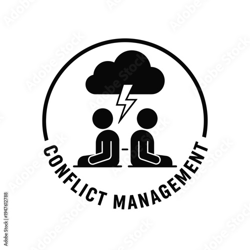 A minimalist black and white illustration depicts two figures meditating under a stormy cloud with a lightning bolt framed by text high quality professional