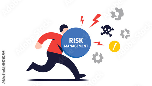 Risk Management Concept Illustration: Person Running with Shield to Protect Against Business Threats