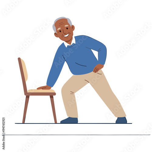 An elderly man is stretching with one hand on a chair