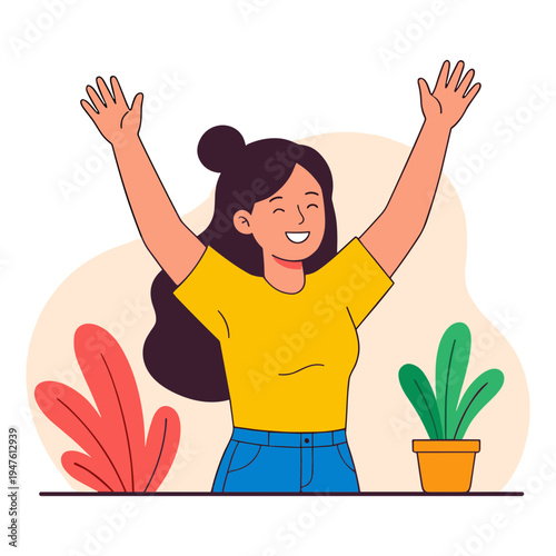 Woman raises arms in joy with plants beside her indoors smiling