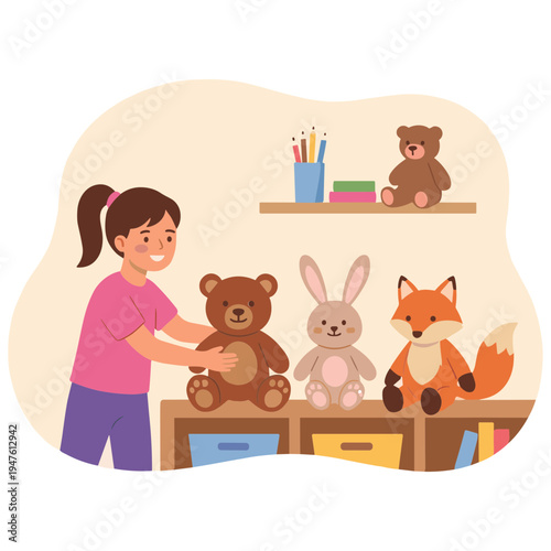 A young girl interacts with stuffed animals on a shelf in a playroom setting with toys.