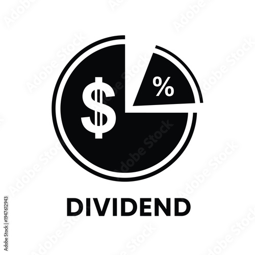 A black and white circular graphic depicts a pie chart with a dollar sign and percentage representing financial dividends high quality professional detailed modern elegant stylish