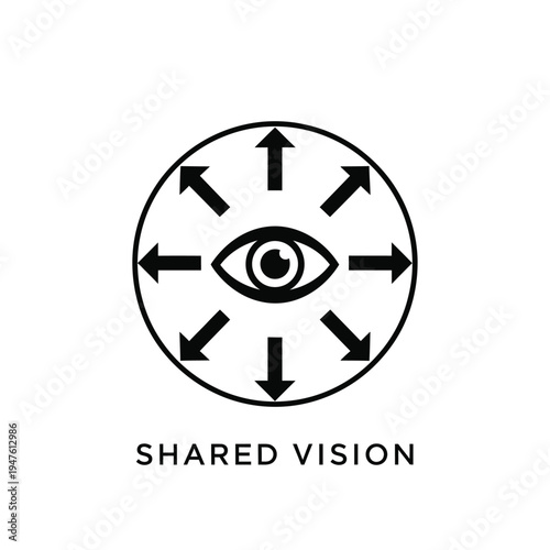 A stark black and white circular design features an eye at its center surrounded by arrows pointing outwards symbolizing shared vision high quality professional detailed modern