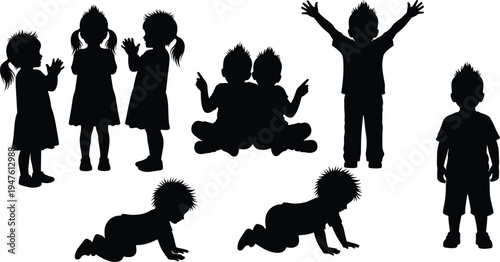 Collection of black silhouette figures of children in various poses on white background kids black and white