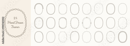 Set of 24 hand drawn decorative oval frames and borders in vintage style