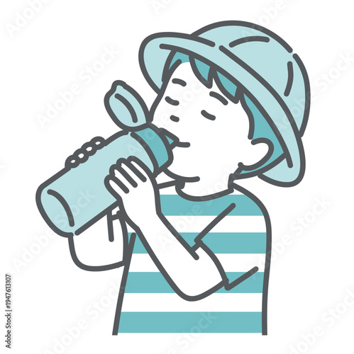 水筒で水分補給をしている男の子（子供）のイラスト