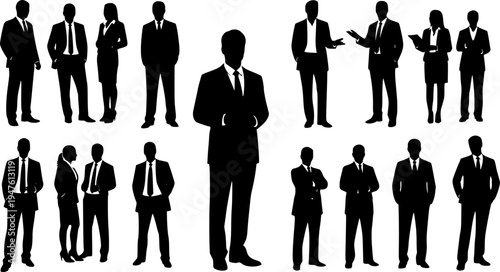 Vector silhouettes of men and a women, a group of standing business people, black and white color isolated on white background